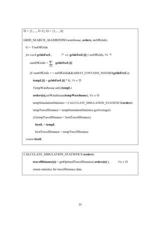 35
 = {1,...., N+1}, O = {1,...., }
GRID_SEARCH_ALGORITHM (warehouse, orders, noOfGrids)
G = T/noOfGrids
for each gridsForL, /* s.t. gridsForL[i]  noOfGrids, i */
sumOfGrids =
i
 gridsForL[i]
if( sumOfGrids = = noOfGrids&&ARRAY_CONTAINS_NOZERO(gridsForL))
tempL[i] = gridsForL[i] * G, i  
TempWarehouse.setL(tempL)
orders[o].setWarehouse(tempWarehouse), o  O
tempSimulationStatistics = CALCULATE_SIMULATION_STATISTICS(orders)
tempTravelDistance = tempSimulationStatistics.getAverage()
if (tempTravelDistance < bestTravelDistance)
bestL = tempL
bestTravelDistance = tempTravelDistance
return bestL
CALCULATE_SIMULATION_STATISTICS (orders)
travelDistance[o] = getOptimalTravelDistance( orders[o] ), o  O
return statistics for travelDistance data
...........
 
