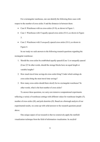 6
For a rectangular warehouse, one can identify the following three cases with
respect to the number of cross aisles N and the distances in between them:
 Case 0: Warehouse with no cross aisles (N=0), as shown in Figure 1.
 Case 1: Warehouse with N equally spaced cross aisles (N1), as shown in Figure
3.
 Case 2: Warehouse with N unequally spaced cross aisles (N1), as shown in
Figure 4.
In our study we seek answers to the following research questions regarding the
rectangular warehouse:
1. Should the cross aisles be established equally spaced (Case 1) or unequally spaced
(Case 2)? In other words, should the storage blocks have an equal length or
variable lengths?
2. How much travel time savings do cross aisles bring? Under which settings do
cross aisles bring the most travel time savings?
3. How many cross aisles should there ideally be in a rectangular warehouse? In
other words, what is the best number of cross aisles?
To answer these questions, we carry out extensive computational experiments
reflecting a variety of warehouse settings with different values for warehouse lengths (T),
number of cross aisles (M), and pick densities (D). Based on a thorough analysis of our
experimental results, we come up with solid answers to the research questions posed
above.
One unique aspect of our research is that we extensively apply the starfield
visualization technique from the field of information visualization. In starfield
 