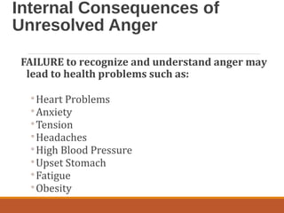 Internal Consequences of
Unresolved Anger
FAILURE to recognize and understand anger may
lead to health problems such as:
◦Heart Problems
◦Anxiety
◦Tension
◦Headaches
◦High Blood Pressure
◦Upset Stomach
◦Fatigue
◦Obesity
 