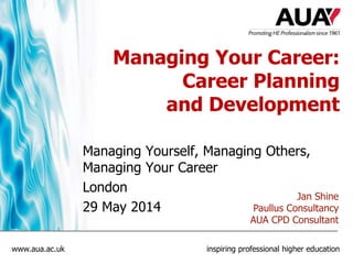 www.aua.ac.uk inspiring professional higher education
Managing Your Career:
Career Planning
and Development
Managing Yourself, Managing Others,
Managing Your Career
London
29 May 2014
Jan Shine
Paullus Consultancy
AUA CPD Consultant
 