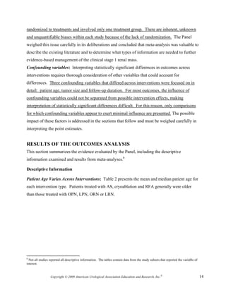 randomized to treatments and involved only one treatment group. There are inherent, unknown
and unquantifiable biases within each study because of the lack of randomization. The Panel
weighed this issue carefully in its deliberations and concluded that meta-analysis was valuable to
describe the existing literature and to determine what types of information are needed to further
evidence-based management of the clinical stage 1 renal mass.
Confounding variables: Interpreting statistically significant differences in outcomes across
interventions requires thorough consideration of other variables that could account for
differences. Three confounding variables that differed across interventions were focused on in
detail: patient age, tumor size and follow-up duration. For most outcomes, the influence of
confounding variables could not be separated from possible intervention effects, making
interpretation of statistically significant differences difficult. For this reason, only comparisons
for which confounding variables appear to exert minimal influence are presented. The possible
impact of these factors is addressed in the sections that follow and must be weighed carefully in
interpreting the point estimates.


RESULTS OF THE OUTCOMES ANALYSIS
This section summarizes the evidence evaluated by the Panel, including the descriptive
information examined and results from meta-analyses.b

Descriptive Information

Patient Age Varies Across Interventions: Table 2 presents the mean and median patient age for
each intervention type. Patients treated with AS, cryoablation and RFA generally were older
than those treated with OPN, LPN, ORN or LRN.




b
  Not all studies reported all descriptive information. The tables contain data from the study subsets that reported the variable of
interest.


                  Copyright © 2009 American Urological Association Education and Research, Inc.®                                       14
 