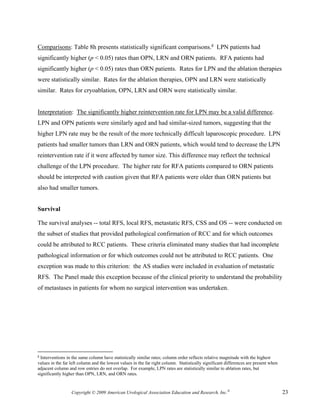 Comparisons: Table 8h presents statistically significant comparisons.g LPN patients had
significantly higher (p < 0.05) rates than OPN, LRN and ORN patients. RFA patients had
significantly higher (p < 0.05) rates than ORN patients. Rates for LPN and the ablation therapies
were statistically similar. Rates for the ablation therapies, OPN and LRN were statistically
similar. Rates for cryoablation, OPN, LRN and ORN were statistically similar.


Interpretation: The significantly higher reintervention rate for LPN may be a valid difference.
LPN and OPN patients were similarly aged and had similar-sized tumors, suggesting that the
higher LPN rate may be the result of the more technically difficult laparoscopic procedure. LPN
patients had smaller tumors than LRN and ORN patients, which would tend to decrease the LPN
reintervention rate if it were affected by tumor size. This difference may reflect the technical
challenge of the LPN procedure. The higher rate for RFA patients compared to ORN patients
should be interpreted with caution given that RFA patients were older than ORN patients but
also had smaller tumors.


Survival

The survival analyses -- total RFS, local RFS, metastatic RFS, CSS and OS -- were conducted on
the subset of studies that provided pathological confirmation of RCC and for which outcomes
could be attributed to RCC patients. These criteria eliminated many studies that had incomplete
pathological information or for which outcomes could not be attributed to RCC patients. One
exception was made to this criterion: the AS studies were included in evaluation of metastatic
RFS. The Panel made this exception because of the clinical priority to understand the probability
of metastases in patients for whom no surgical intervention was undertaken.




g
  Interventions in the same column have statistically similar rates; column order reflects relative magnitude with the highest
values in the far left column and the lowest values in the far right column. Statistically significant differences are present when
adjacent column and row entries do not overlap. For example, LPN rates are statistically similar to ablation rates, but
significantly higher than OPN, LRN, and ORN rates.


                  Copyright © 2009 American Urological Association Education and Research, Inc.®                                      23
 