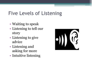 Five Levels of Listening
• Waiting to speak
• Listening to tell our
story
• Listening to give
advice
• Listening and
asking for more
• Intuitive listening