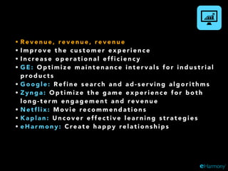 • R e v e n u e , re v e n u e , re v e n u e
• I m p ro v e t h e c u s t o m e r e x p e r i e n c e
• I n c re a s e o p e r a t i o n a l e ff i c i e n c y
• G E : O p t i m i z e m a i n t e n a n c e i n t e r v a l s f o r i n d u s t r i a l
p ro d u c t s
• G o o g l e : R e f i n e s e a rc h a n d a d - s e r v i n g a l g o r i t h m s
• Z y n g a : O p t i m i z e t h e g a m e e x p e r i e n c e f o r b o t h
l o n g - t e r m e n g a g e m e n t a n d re v e n u e
• N e t f l i x : M o v i e re c o m m e n d a t i o n s
• K a p l a n : U n c o v e r e ff e c t i v e l e a r n i n g s t r a t e g i e s
• e H a r m o n y : C re a t e h a p p y re l a t i o n s h i p s
 