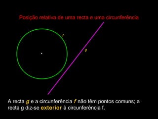Posição relativa de uma recta e uma circunferênciaPosição relativa de uma recta e uma circunferência
•
f
g
A recta g e a circunferência f não têm pontos comuns; a
recta g diz-se exterior à circunferência f.
 