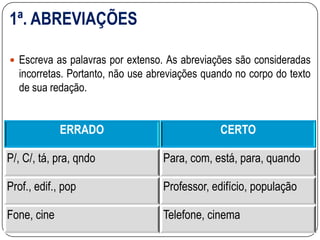 1ª. ABREVIAÇÕES
 Escreva as palavras por extenso. As abreviações são consideradas
incorretas. Portanto, não use abreviações quando no corpo do texto
de sua redação.
ERRADO CERTO
P/, C/, tá, pra, qndo Para, com, está, para, quando
Prof., edif., pop Professor, edifício, população
Fone, cine Telefone, cinema
 