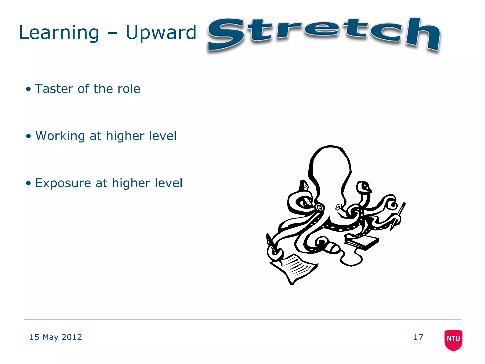 Learning – Upward

• Taster of the role


• Working at higher level


• Exposure at higher level




 15 May 2012                 17
 