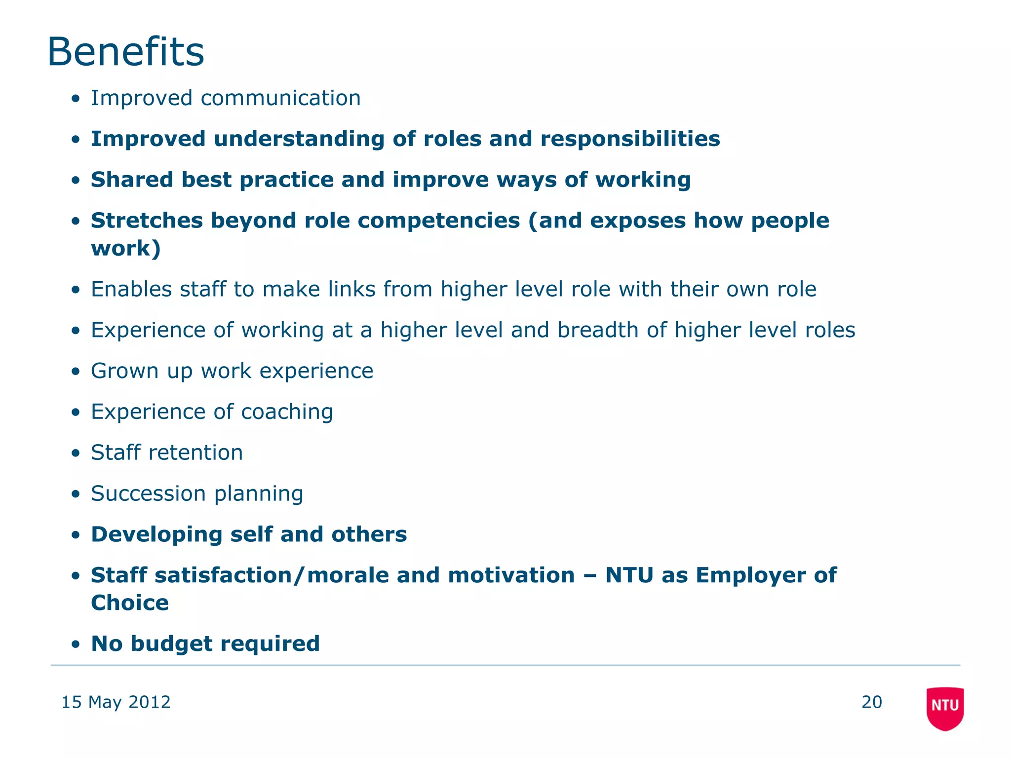 Benefits
 • Improved communication
 • Improved understanding of roles and responsibilities
 • Shared best practice and improve ways of working
 • Stretches beyond role competencies (and exposes how people
   work)
 • Enables staff to make links from higher level role with their own role
 • Experience of working at a higher level and breadth of higher level roles
 • Grown up work experience
 • Experience of coaching
 • Staff retention
 • Succession planning
 • Developing self and others
 • Staff satisfaction/morale and motivation – NTU as Employer of
   Choice
 • No budget required

15 May 2012                                                                    20
 
