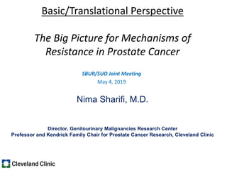 Basic/Translational Perspective
The Big Picture for Mechanisms of
Resistance in Prostate Cancer
SBUR/SUO Joint Meeting
May 4, 2019
Nima Sharifi, M.D.
Director, Genitourinary Malignancies Research Center
Professor and Kendrick Family Chair for Prostate Cancer Research, Cleveland Clinic
 