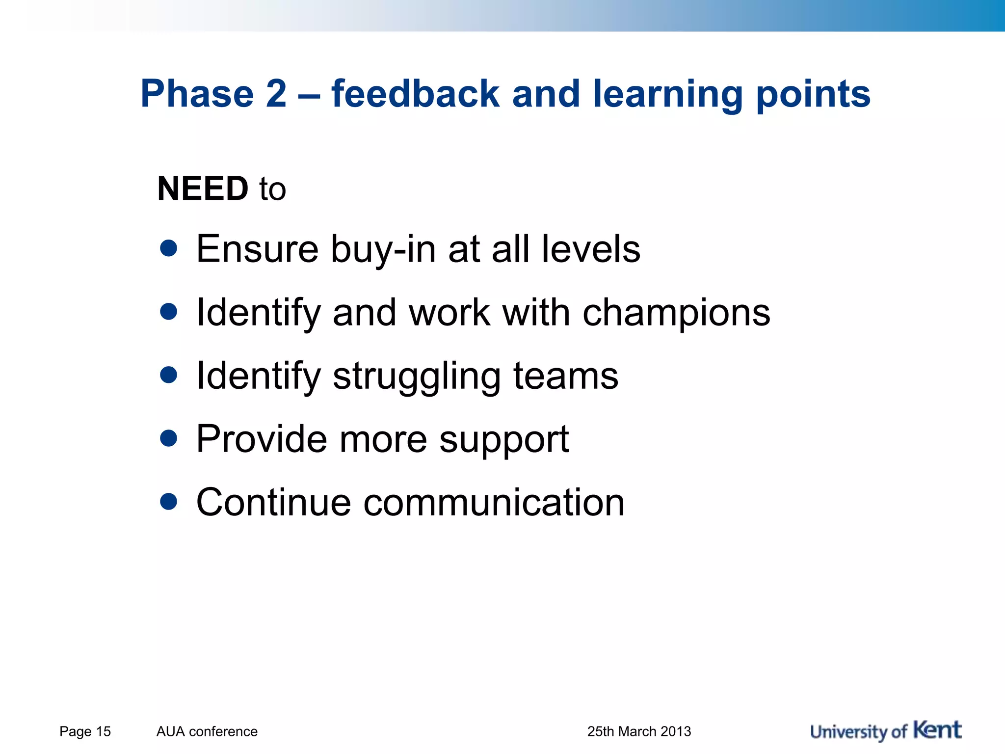 Phase 2 – feedback and learning points
NEED to
• Ensure buy-in at all levels
• Identify and work with champions
• Identify struggling teams
• Provide more support
• Continue communication
AUA conference 25th March 2013Page 15
 