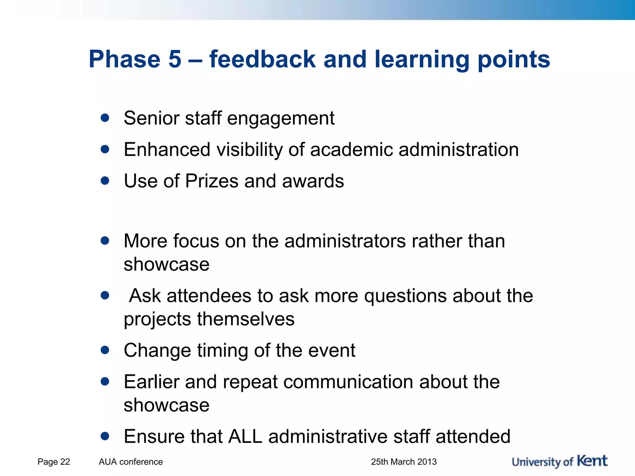 Phase 5 – feedback and learning points
• Senior staff engagement
• Enhanced visibility of academic administration
• Use of Prizes and awards
• More focus on the administrators rather than
showcase
• Ask attendees to ask more questions about the
projects themselves
• Change timing of the event
• Earlier and repeat communication about the
showcase
• Ensure that ALL administrative staff attended
AUA conference 25th March 2013Page 22
 
