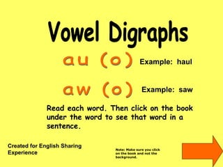 Vowel Digraphs Created for English Sharing Experience Read each word. Then click on the book under the word to see that word in a sentence.  au (o) aw (o) Example:  haul Example:  saw Note: Make sure you click on the book and not the background.  