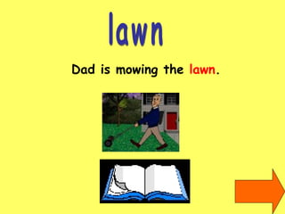lawn Dad is mowing the  lawn . 