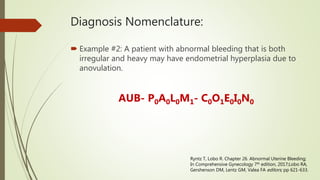 Diagnosis Nomenclature:
 Example #2: A patient with abnormal bleeding that is both
irregular and heavy may have endometrial hyperplasia due to
anovulation.
AUB- P0A0L0M1- C0O1E0I0N0
Ryntz T, Lobo R. Chapter 26. Abnormal Uterine Bleeding;
In Comprehensive Gynecology 7th edition, 2017;Lobo RA,
Gershenson DM, Lentz GM, Valea FA editors; pp 621-633.
 