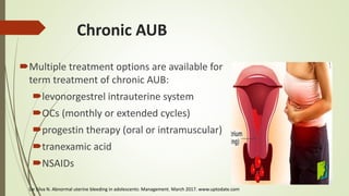 Chronic AUB
Multiple treatment options are available for long-
term treatment of chronic AUB:
levonorgestrel intrauterin...