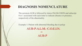 AUB- polyp, adenomyosis, liomyoma, malignanacy, coagulation disorders ...