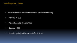 Vascularityscore/Factors
• Colour Doppler or Power Doppler (more sensitive)
• PRF 0.3 / 0.6
• Velocity scale 3-6 cm/sec
• Balance 220
• Doppler gain just below artefact level
 