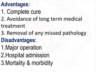 Advantages:
1. Complete cure
2. Avoidance of long term medical
treatment
3. Removal of any missed pathology
Disadvantages:
1.Major operation
2.Hospital admission
3.Mortality & morbidity
 