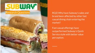 Research Questions RQ2) Why have Subway’s sales and
brand been affected by other fast
casual dining chain entering the
market?
Fast casual offerings have
outperformed Subway’s Quick
Service style with better value
perception.
 