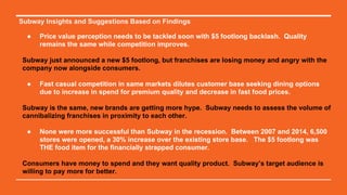 Subway Insights and Suggestions Based on Findings
● Price value perception needs to be tackled soon with $5 footlong backlash. Quality
remains the same while competition improves.
Subway just announced a new $5 footlong, but franchises are losing money and angry with the
company now alongside consumers.
● Fast casual competition in same markets dilutes customer base seeking dining options
due to increase in spend for premium quality and decrease in fast food prices.
Subway is the same, new brands are getting more hype. Subway needs to assess the volume of
cannibalizing franchises in proximity to each other.
● None were more successful than Subway in the recession. Between 2007 and 2014, 6,500
stores were opened, a 30% increase over the existing store base. The $5 footlong was
THE food item for the financially strapped consumer.
Consumers have money to spend and they want quality product. Subway’s target audience is
willing to pay more for better.
 