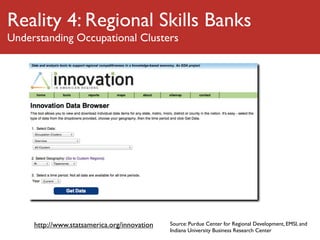 Reality 4: Regional Skills Banks
Understanding Occupational Clusters




     http://www.statsamerica.org/innovation   Source: Purdue Center for Regional Development, EMSI, and
                                              Indiana University Business Research Center
 