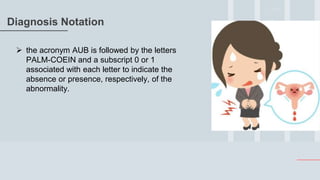 Diagnosis Notation
 the acronym AUB is followed by the letters
PALM-COEIN and a subscript 0 or 1
associated with each letter to indicate the
absence or presence, respectively, of the
abnormality.
 