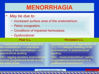 15/4/2006Dr. Mahmoud Abdel-Aleem, 2006
MENORRHAGIA
• May be due to:
– Increased surface area of the endometrium.
– Pelvic congestion.
– Conditions of impaired hemostasis.
– Dysfunctional:
Poor C.L. Persistent C.L.
--->inadequate hormonal support to
the endometrium ---> premature
shedding of the endometrium --->
premenstrual spotting.
D&C: lagging secretory endometrium
and low progesterone levels during
the luteal phase.
Incomplete and slow degeneration of
C.L. ----> delayed shedding of the
endometrium  postmenstrual
spotting.
D&C: mixed endometrium "patchy
progestational endometrium in a
proliferative endometrium".
 