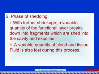 15/4/2006Dr. Mahmoud Abdel-Aleem, 2006
2. Phase of shedding:
i. With further shrinkage, a variable
quantity of the functional layer breaks
down into fragments which are shed into
the cavity and expelled.
ii. A variable quantity of blood and tissue
Fluid is also lost during this process.
 