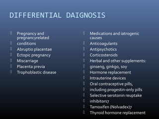 DIFFERENTIAL DAIGNOSIS 
 Pregnancy and 
pregnancyrelated 
 conditions 
 Abruptio placentae 
 Ectopic pregnancy 
 Miscarriage 
 Placenta previa 
 Trophoblastic disease 
 Medications and iatrogenic 
causes 
 Anticoagulants 
 Antipsychotics 
 Corticosteroids 
 Herbal and other supplements: 
 ginseng, ginkgo, soy 
 Hormone replacement 
 Intrauterine devices 
 Oral contraceptive pills, 
 including progestin-only pills 
 Selective serotonin reuptake 
 inhibitors7 
 Tamoxifen (Nolvadex)7 
 Thyroid hormone replacement 
 