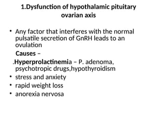1.Dysfunction of hypothalamic pituitary
ovarian axis
• Any factor that interferes with the normal
pulsatile secretion of GnRH leads to an
ovulation
Causes –
.Hyperprolactinemia – P. adenoma,
psychotropic drugs,hypothyroidism
• stress and anxiety
• rapid weight loss
• anorexia nervosa
 