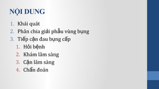 NỘI DUNG
1. Khái quát
2. Phân chia gi i ph u vùng b ngả ẫ ụ
3. Ti p c n đau b ng c pế ậ ụ ấ
1. H i b nhỏ ệ
2. Khám lâm sàng
3. C n lâm sàngậ
4. Ch n đoánẩ
 