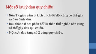 M t s l u ý đau quy chi uộ ố ư ế
• N u TK giao c m b kích thích d d i cũng có th gâyế ả ị ữ ộ ể
ra đau đ nh khu.ị
• Đau thành n i phân b TK thân th nghèo nàn cũngở ơ ố ể
có th gây đau qui chi u.ể ế
• M t c n đau t ng có 2 vùng quy chi u.ộ ơ ạ ế
 
