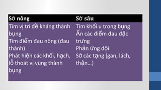 S nôngờ S sâuờ
Tìm v trí đ kháng thànhị ề
b ngụ
Tìm đi m đau nông (đauể
thành)
Phát hi n các kh i, h ch,ệ ố ạ
l thoát v vùng thànhỗ ị
b ngụ
Tìm kh i u trong b ngố ụ
n các đi m đau đ cẤ ể ặ
tr ngư
Ph n ng d iả ứ ộ
S các t ng (gan, lách,ờ ạ
th n…)ậ
 