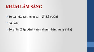 KHÁM LÂM SÀNG
• S gan (Kt gan, rung gan, n k s n)ờ ấ ẽ ườ
• S láchờ
• S th n (B p b nh th n, ch m th n, rung th n)ờ ậ ậ ề ậ ạ ậ ậ
 