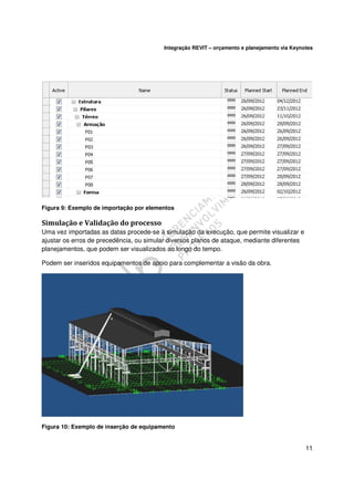 Integração REVIT – orçamento e planejamento via Keynotes

Figura 9: Exemplo de importação por elementos

Simulação e Validação do processo
Uma vez importadas as datas procede-se à simulação da execução, que permite visualizar e
ajustar os erros de precedência, ou simular diversos planos de ataque, mediante diferentes
planejamentos, que podem ser visualizados ao longo do tempo.
Podem ser inseridos equipamentos de apoio para complementar a visão da obra.

Figura 10: Exemplo de inserção de equipamento

11

 