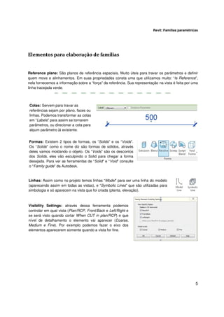 Revit: Famílias paramétricas

Elementos para elaboração de famílias

Reference plane: São planos de referência espaciais. Muito úteis para travar os parâmetros e definir
quem move e alinhamentos. Em suas propriedades consta uma que utilizamos muito: “Is Reference”,
nela fornecemos a informação sobre a “força” da referência. Sua representação na vista é feita por uma
linha tracejada verde.

Cotas: Servem para travar as
referências sejam por plano, faces ou
linhas. Podemos transformar as cotas
em “Labels” para assim se tornarem
parâmetros, ou direcionar a cota para
algum parâmetro já existente.
Formas: Existem 2 tipos de formas, os “Solids” e os “Voids”.
Os “Solids” como o nome diz são formas de sólidos, através
deles vamos moldando o objeto. Os “Voids” são os descontos
dos Solids, eles vão esculpindo o Solid para chegar a forma
desejada. Para ver as ferramentas de “Solid” e “Void” consulte
o “Family guide” da Autodesk.

Linhas: Assim como no projeto temos linhas “Model” para ser uma linha do modelo
(aparecendo assim em todas as vistas), e “Symbolic Lines” que são utilizadas para
simbologia e só aparecem na vista que foi criada (planta, elevação).

Visibility Settings: através dessa ferramenta podemos
controlar em qual vista (Plan/RCP, Front/Back e Left/Right e
se será visto quando cortar When CUT in plan/RCP) e que
nível de detalhamento o elemento vai aparecer (Coarse,
Medium e Fine). Por exemplo podemos fazer o eixo dos
elementos aparecerem somente quando a vista for fine.

5

 