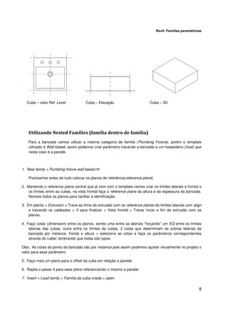 Revit: Famílias paramétricas

Cuba – vista Ref. Level

Cuba – Elevação

Cuba – 3D

Utilizando Nested Families (família dentro de família)
Para a bancada vamos utilizar a mesma categoria de familia (Plumbing Fixture), porém o template
utilizado é Wall based, assim podemos criar parâmetro travando a bancada a um hospedeiro (host) que
neste caso é a parede.

1. New family > Pumbling fixture wall based.rft
Precisamos antes de tudo colocar os planos de referência(reference plane).
2. Mantendo o reference plane central que já vem com o template vamos criar os limites laterais e frontal e
os limites entre as cubas, na vista frontal faça o reference plane da altura e da espessura da bancada.
Nomeie todos os planos para facilitar a identificação.
3. Em planta > Extrusion > Trave as linha da extrusão com os reference planes do limites laterais com align
e travando os cadeados > V para finalizar > Vista frontal > Travar início e fim da extrusão com os
planos.
4. Faça cotas (dimension) entre os planos, sendo uma entre as laterais “forçando” um EQ entre os limites
laterias das cubas, outra entre os limites da cubas, 2 cotas que determinam as sobras laterias da
bancada por instance, frontal e altura > seleciona as cotas e faça os parâmetros correspondentes
através do Label, lembrando que todas são types.
Obs.: As cotas da ponta da bancada são por instance pois assim podemos ajustar visualmente no projeto o
valor para esse parâmetro.
5. Faça mais um plano para o offset da cuba em relação a parede.
6. Repita o passo 4 para esse plano referanciando o mesmo a parede.
7. Insert > Load family > Família da cuba criada > open.

8

 