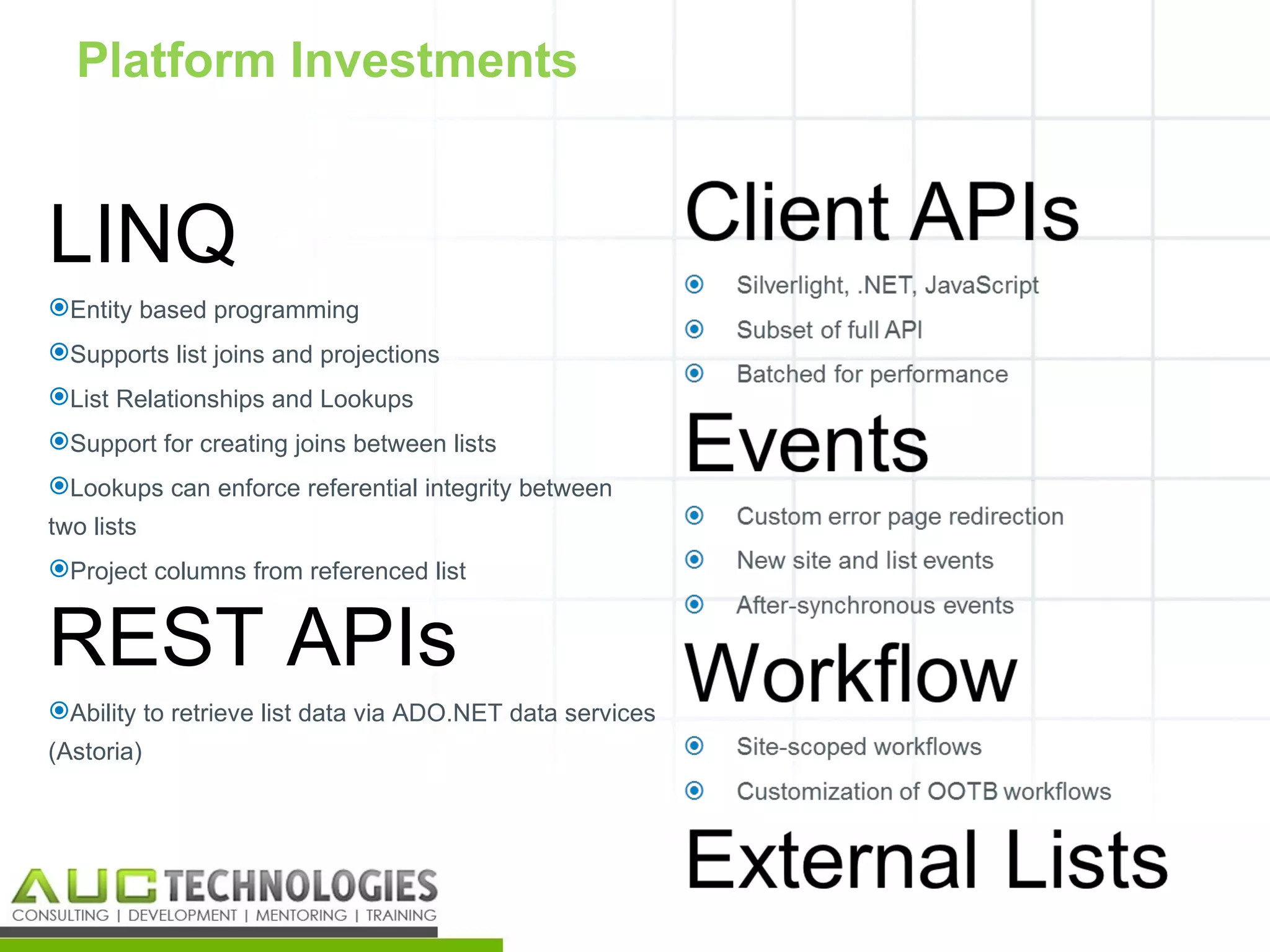 Platform Investments


LINQ
Entity based programming
Supports list joins and projections
List Relationships and Lookups
Support for creating joins between lists
Lookups can enforce referential integrity between
two lists
Project columns from referenced list


REST APIs
Ability to retrieve list data via ADO.NET data services
(Astoria)




                                                           15
 