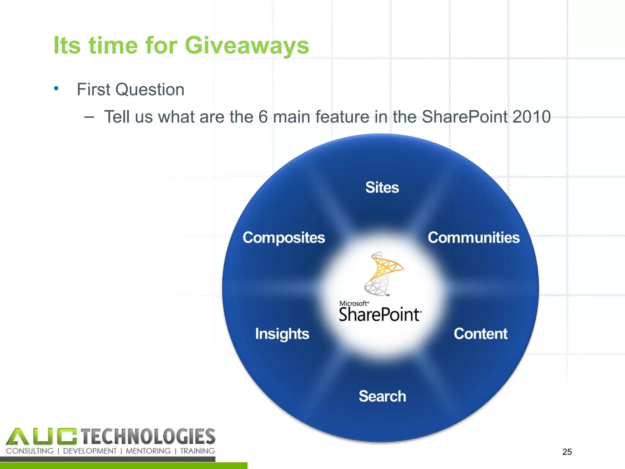 Its time for Giveaways
•   First Question
     – Tell us what are the 6 main feature in the SharePoint 2010




                                                                    25
                                                                     25
 
