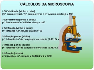 CÁLCULOS DA MICROSCOPIA 
%Viabilidade (vinho e cuba): 
((n° células vivas) / (n° células vivas + n° células mortas)) x 100 
%Brotamento(vinho e cuba): 
(n° brotamento/ n° células vivas) x 100 
%Infecção (vinho e cuba): 
(n° infecção / n° células vivas) x 100 
Infecção por ml (vinho): 
(n° infecção / n° de campos) x constante (3,08124 x 107) 
Infecção por ml (cuba): 
(n° infecção / n° de campos) x constante (6,1625 x 106) 
Infecção (mosto): 
n° infecção / (n° campos x 15406,2 x 2 x 100) 
 