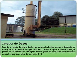 Lavador de Gases 
Durante a reação de fermentação nas dornas fechadas, ocorre a liberação de 
uma grande quantidade de gás carbônico, álcool e água. E nessa liberação 
gasosa se faz necessário a lavagem desses gases em uma torre para recuperar 
o álcool evaporado. Ideal de teor entre 5 – 6 . 
 