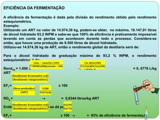 EFICIÊNCIA DA FERMENTAÇÃO 
A eficiência da fermentação é dada pela divisão do rendimento obtido pelo rendimento 
estequiométrico. 
Exemplo: 
Utilizando um ART no valor de 14.974,36 kg, podem-se obter, no máximo, 10.147,01 litros 
de álcool hidratado 93,2 INPM e sabe-se que 100% de eficiência é praticamente impossível 
levando em conta as perdas que acontecem durante todo o processo. Considera-se 
então, que houve uma produção de 9.500 litros de álcool hidratado. 
Utilizou-se 14.974,36 kg de ART, então o rendimento global da destilaria será de: 
Para o álcool hidratado de graduação máxima de 93,2 % INPM, o rendimento 
estequiométrico é de: 
Rendeq = 1.000 x  1.000 x = 0, 6776 L/kg 
ART 
EFf = x 100 
RDg =  = 0,6344 litros/kg ART 
Então a eficiência da usina se dá por: 
EFf = x 100  = 93% de eficiência de fermentação 
 