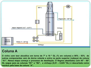 Coluna A 
O vinho com teor alcoólico em torno de 7º a 10 º GL (% em volume) e 90% - 93% de 
outros componentes vem da dorna volante e entra na parte superior (cabeça) da coluna 
“A1”. Nessa etapa começa o processo de destilação. O flegma (destilado) com 45° - 60° 
GL segue para as colunas “B1” e “B2”, a vinhaça (0,01 – 0,025 °GL) é descartada como 
resíduo pela base da coluna “A”. 
 