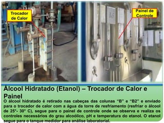 Trocador 
de Calor 
Painel de 
Controle 
Álcool Hidratado (Etanol) – Trocador de Calor e 
Painel 
O álcool hidratado é retirado nas cabeças das colunas “B” e “B2” e enviado 
para o trocador de calor com a água da torre de resfriamento (resfriar o álcool 
de 25°- 30° C), segue para o painel de controle onde se observa e realiza os 
controles necessários do grau alcoólico, pH e temperatura do etanol. O etanol 
segue para o tanque medidor para análise laboratorial. 
 