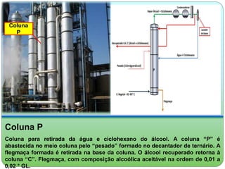 Coluna 
P 
Coluna P 
Coluna para retirada da água e ciclohexano do álcool. A coluna “P” é 
abastecida no meio coluna pelo “pesado” formado no decantador de ternário. A 
flegmaça formada é retirada na base da coluna. O álcool recuperado retorna à 
coluna “C”. Flegmaça, com composição alcoólica aceitável na ordem de 0,01 a 
0,02 ° GL. 
 