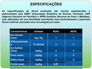 ESPECIFICAÇÕES 
As especificações do álcool produzido são normas estabelecidas e 
padronizadas pela ABNT (Associação Brasileira de Normas Técnicas), ANP 
(Agência Nacional do Petróleo) e INPM (Instituto Nacional de Peso e Medidas), 
pois alterações em sua densidade acarretarão mau funcionamento e possíveis 
danos internos (corrosão e/ou incrustação) ao motor. 
Características Unidade AEAC AEHC 
Íon Cloreto 
(max) mg / Kg 1 1 
Hidrocarboneto 
s % volume 3 3 
Íon Sulfato 
(max) mg/kg 4 4 
Ferro (max) mg/kg 5 5 
Sódio (max) mg/kg 2 2 
ANP – Resolução n° 7, de 09/02/2011 retificada 14/04/2011 
Cobre (max) mg/kg 0,07 - 
 