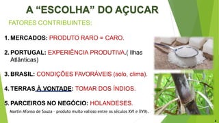 FATORES CONTRIBUINTES:
1. MERCADOS: PRODUTO RARO = CARO.
2. PORTUGAL: EXPERIÊNCIA PRODUTIVA.( Ilhas
Atlânticas)
3. BRASIL: CONDIÇÕES FAVORÁVEIS (solo, clima).
4. TERRAS À VONTADE: TOMAR DOS ÍNDIOS.
5. PARCEIROS NO NEGÓCIO: HOLANDESES.
4
Martin Afonso de Souza – produto muito valioso entre os séculos XVI e XVII).
 