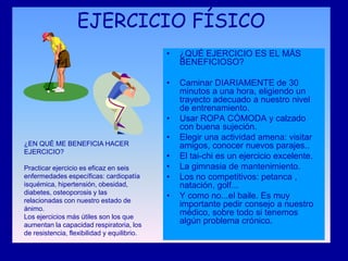 EJERCICIO FÍSICO
                                             •   ¿QUÉ EJERCICIO ES EL MÁS
                                                 BENEFICIOSO?

                                             •   Caminar DIARIAMENTE de 30
                                                 minutos a una hora, eligiendo un
                                                 trayecto adecuado a nuestro nivel
                                                 de entrenamiento.
                                             •   Usar ROPA CÓMODA y calzado
                                                 con buena sujeción.
                                             •   Elegir una actividad amena: visitar
¿EN QUÉ ME BENEFICIA HACER                       amigos, conocer nuevos parajes..
EJERCICIO?
                                             •   El tai-chi es un ejercicio excelente.
Practicar ejercicio es eficaz en seis        •   La gimnasia de mantenimiento.
enfermedades específicas: cardiopatía        •   Los no competitivos: petanca ,
isquémica, hipertensión, obesidad,               natación, golf...
diabetes, osteoporosis y las
                                             •   Y como no...el baile. Es muy
relacionadas con nuestro estado de
ánimo.
                                                 importante pedir consejo a nuestro
Los ejercicios más útiles son los que
                                                 médico, sobre todo si tenemos
aumentan la capacidad respiratoria, los
                                                 algún problema crónico.
de resistencia, flexibilidad y equilibrio.
 