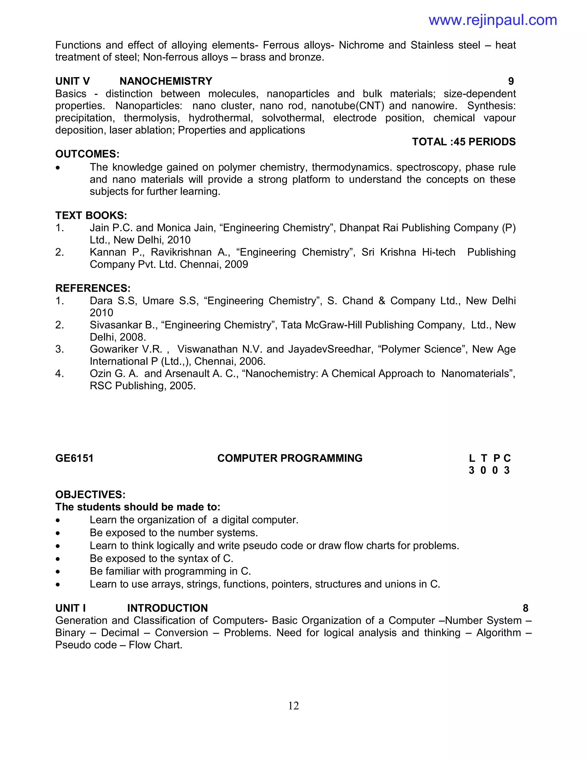 12
Functions and effect of alloying elements- Ferrous alloys- Nichrome and Stainless steel – heat
treatment of steel; Non-ferrous alloys – brass and bronze.
UNIT V NANOCHEMISTRY 9
Basics - distinction between molecules, nanoparticles and bulk materials; size-dependent
properties. Nanoparticles: nano cluster, nano rod, nanotube(CNT) and nanowire. Synthesis:
precipitation, thermolysis, hydrothermal, solvothermal, electrode position, chemical vapour
deposition, laser ablation; Properties and applications
TOTAL :45 PERIODS
OUTCOMES:
 The knowledge gained on polymer chemistry, thermodynamics. spectroscopy, phase rule
and nano materials will provide a strong platform to understand the concepts on these
subjects for further learning.
TEXT BOOKS:
1. Jain P.C. and Monica Jain, “Engineering Chemistry”, Dhanpat Rai Publishing Company (P)
Ltd., New Delhi, 2010
2. Kannan P., Ravikrishnan A., “Engineering Chemistry”, Sri Krishna Hi-tech Publishing
Company Pvt. Ltd. Chennai, 2009
REFERENCES:
1. Dara S.S, Umare S.S, “Engineering Chemistry”, S. Chand & Company Ltd., New Delhi
2010
2. Sivasankar B., “Engineering Chemistry”, Tata McGraw-Hill Publishing Company, Ltd., New
Delhi, 2008.
3. Gowariker V.R. , Viswanathan N.V. and JayadevSreedhar, “Polymer Science”, New Age
International P (Ltd.,), Chennai, 2006.
4. Ozin G. A. and Arsenault A. C., “Nanochemistry: A Chemical Approach to Nanomaterials”,
RSC Publishing, 2005.
GE6151 COMPUTER PROGRAMMING L T P C
3 0 0 3
OBJECTIVES:
The students should be made to:
 Learn the organization of a digital computer.
 Be exposed to the number systems.
 Learn to think logically and write pseudo code or draw flow charts for problems.
 Be exposed to the syntax of C.
 Be familiar with programming in C.
 Learn to use arrays, strings, functions, pointers, structures and unions in C.
UNIT I INTRODUCTION 8
Generation and Classification of Computers- Basic Organization of a Computer –Number System –
Binary – Decimal – Conversion – Problems. Need for logical analysis and thinking – Algorithm –
Pseudo code – Flow Chart.
www.rejinpaul.com
 