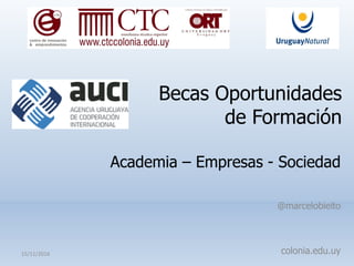 Becas Oportunidades
de Formación
@marcelobieito
colonia.edu.uy15/11/2016
Academia – Empresas - Sociedad
 
